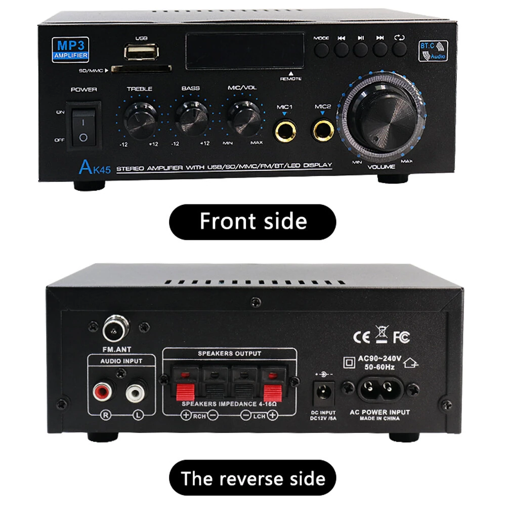 AK45 Stereo Amplifier | 2.0 Channel Bluetooth FM Radio | USB SD Card Bass Treble - Image 4