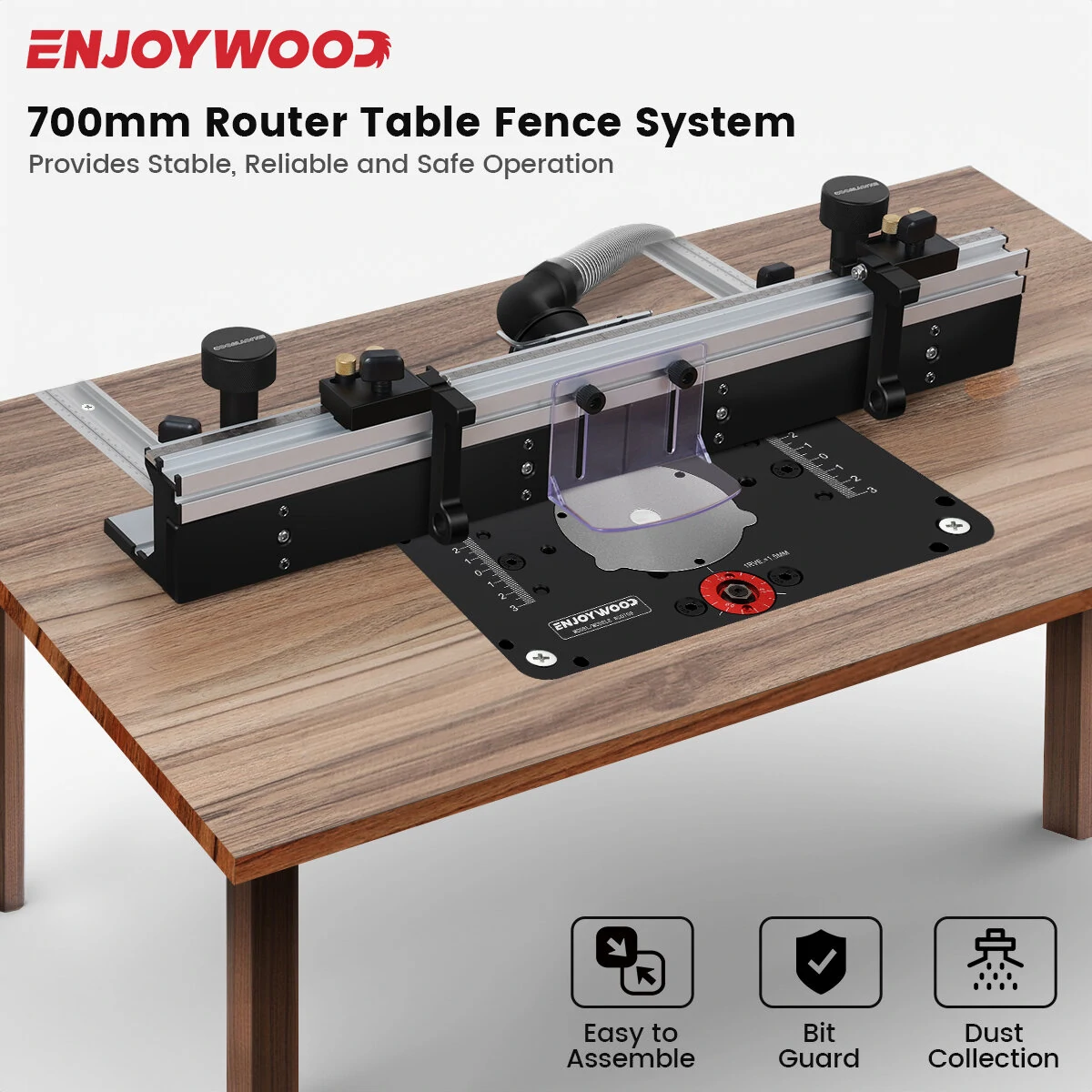 ENJOYWOOD Router Table Fence System - 700mm Aluminium Profile with Sliding Brackets & Bit Guard - Image 2