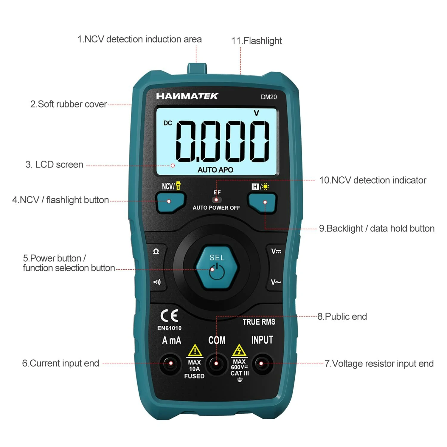 HANMATEK DM20 Digital Multimeter | Auto-Ranging 6000 Counts | NCV Voltage Tester - Image 5