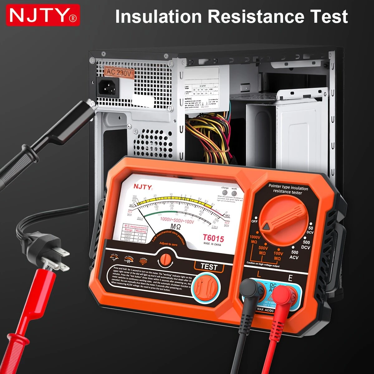 NJTY T6015 Insulation Resistance Tester - 1000V 2000MΩ Megohmmeter | Rechargeable Analog Meter with Magnetic Back - Image 4