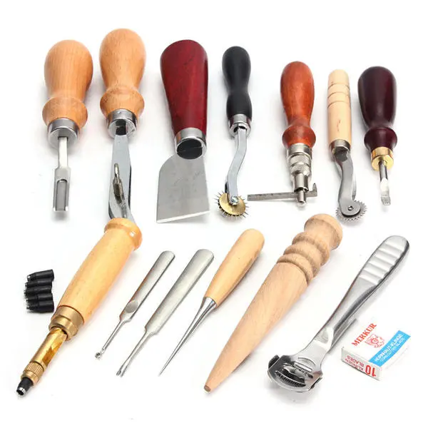 Leather Craft Tool Kit - 13Pcs Hand Awl Skiving Groover & Sewing DIY - Image 2