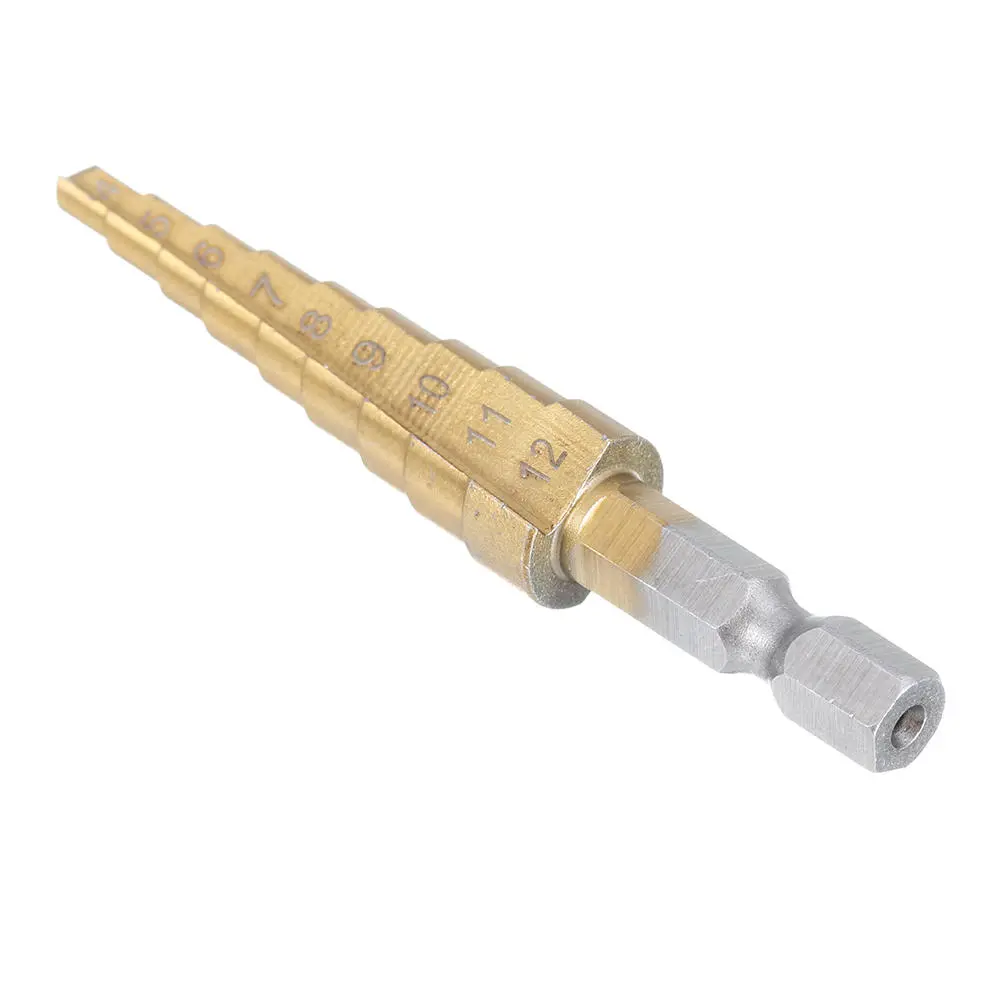 HSS Titanium Step Drill Bit | 4-12mm Cone Hole Cutter | Hex Shank - Image 2