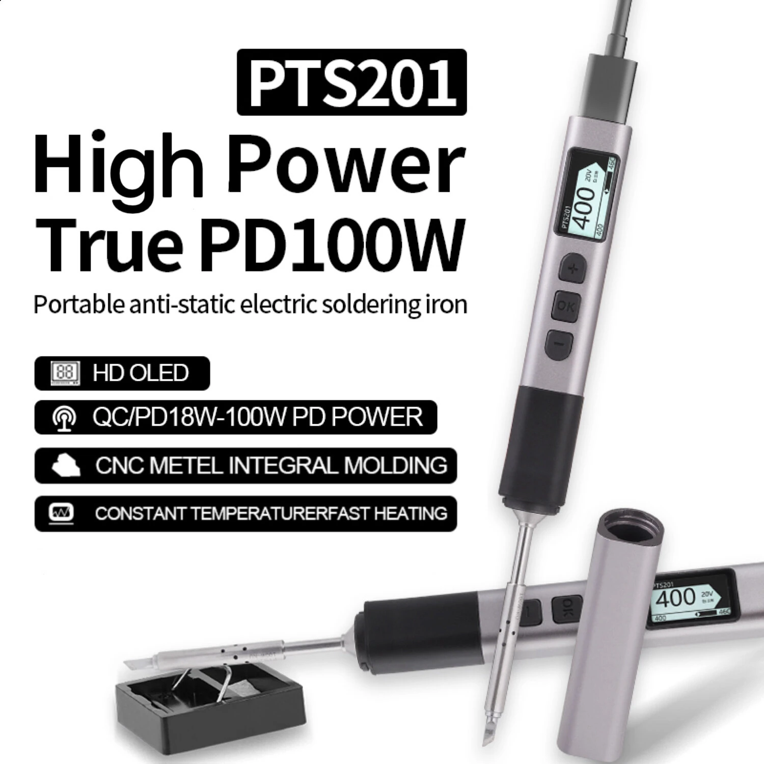 PTS201 Intelligent Soldering Iron | Type-C Fast Charging 18-100W | OLED Display 450°C - Image 3