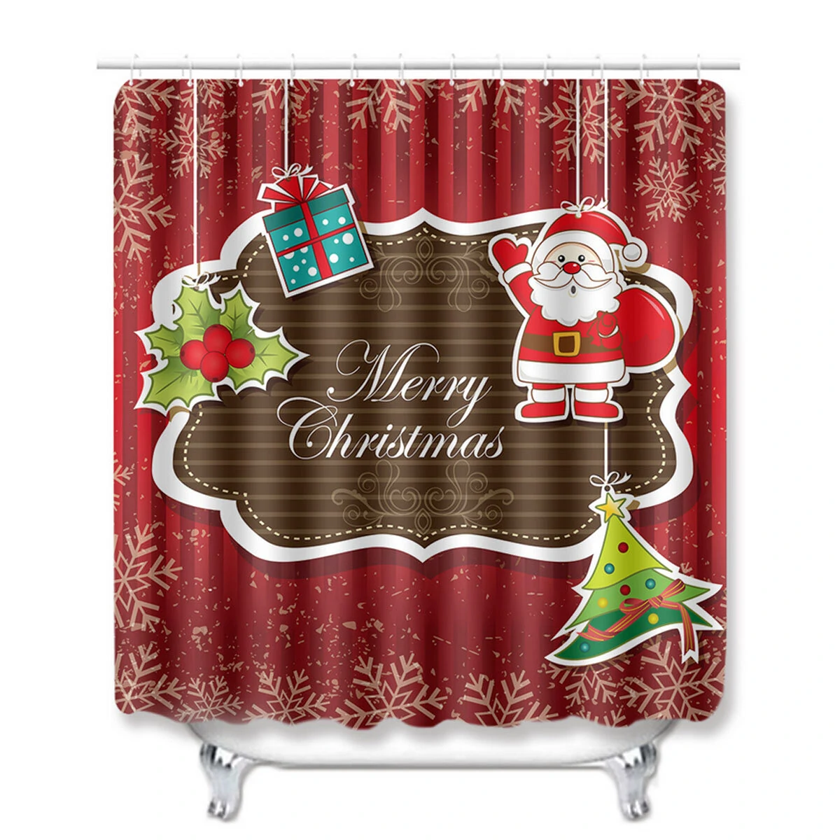 Christmas Santa Claus Waterproof Shower Curtain Set - Bath Mat & Toilet Cover - Image 3