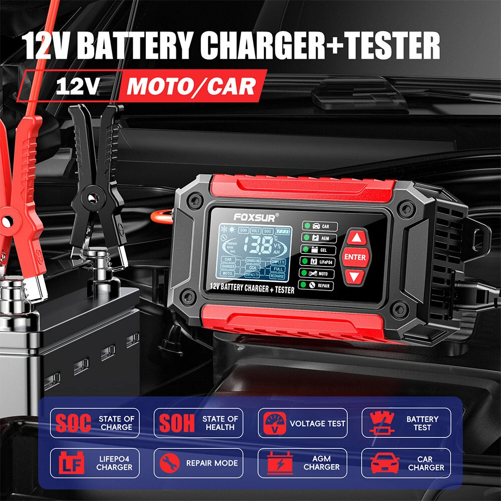 FOXUR FTC-1206 Car Battery Charger Tester | 4AH-200AH Range, Pulse Repair, LCD Screen - Image 2