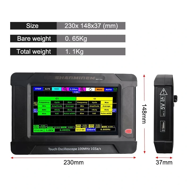 SMT01002 Dual Channel Touch Screen Oscilloscope - 100M Bandwidth & Signal Generator - Image 3