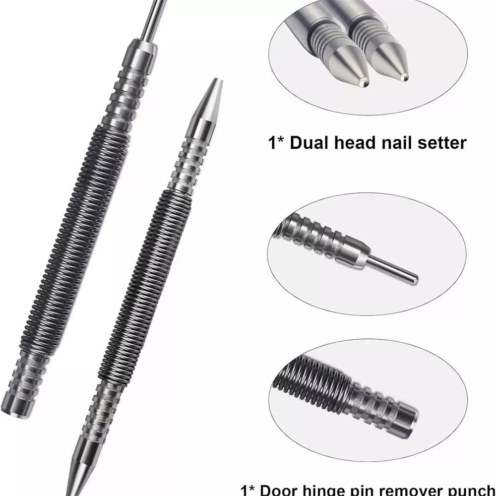 Spring Loaded Nail Setter Tool - Dual Head for Metal & Wood - Hammerless Marking Drill Bit - Image 2