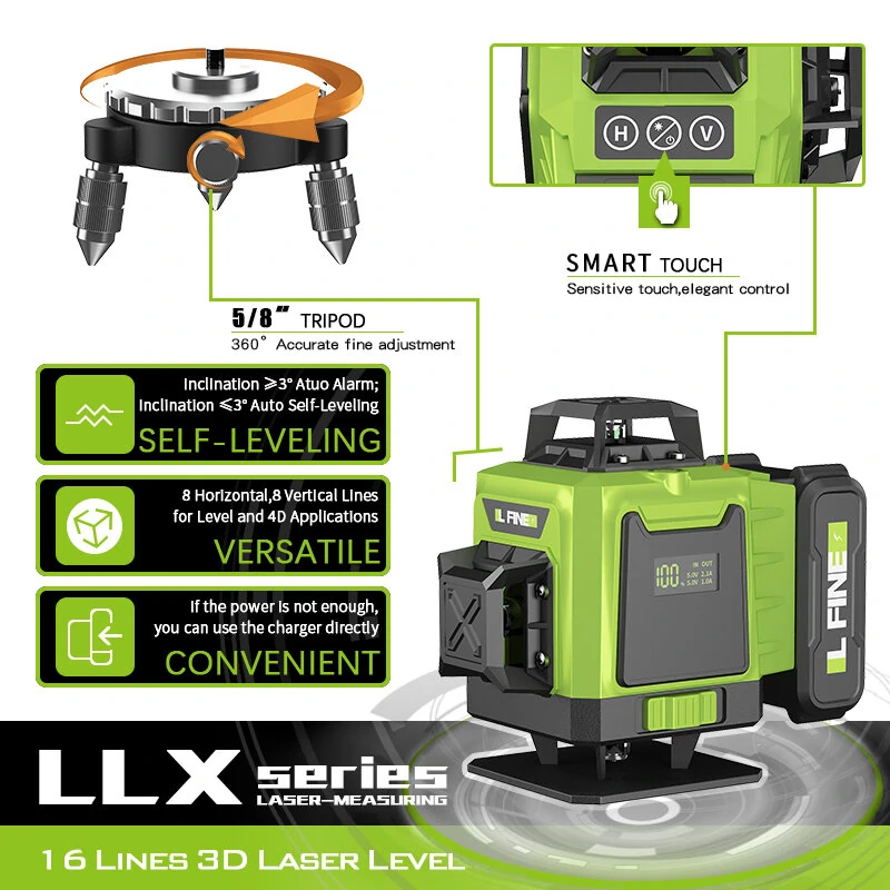 LFINE 4D 16 Line Green Laser Level | Self-Leveling ±1mm/7m | 30M Range & Tripod - Image 3