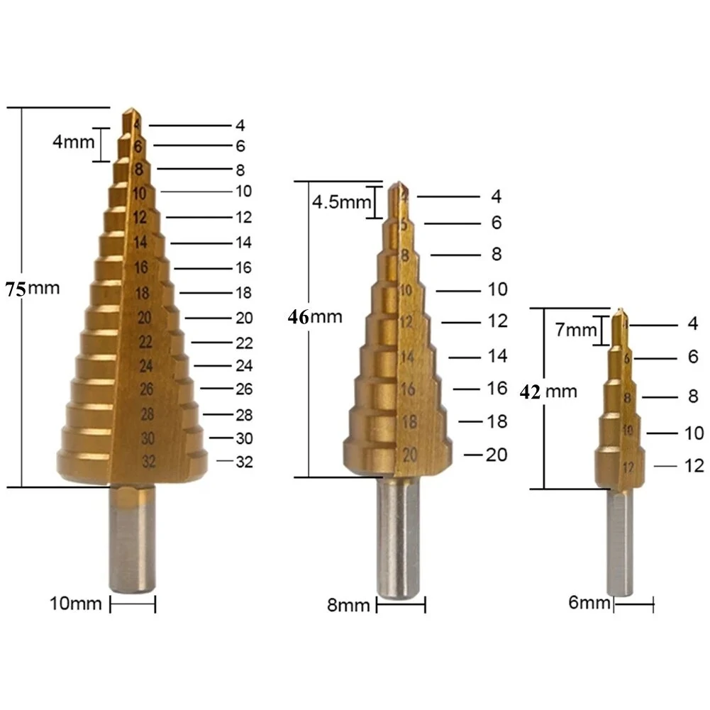 6Pcs Titanium Step Drill Bit Set | 4-32mm Range | For Woodworking & Metal - Image 4