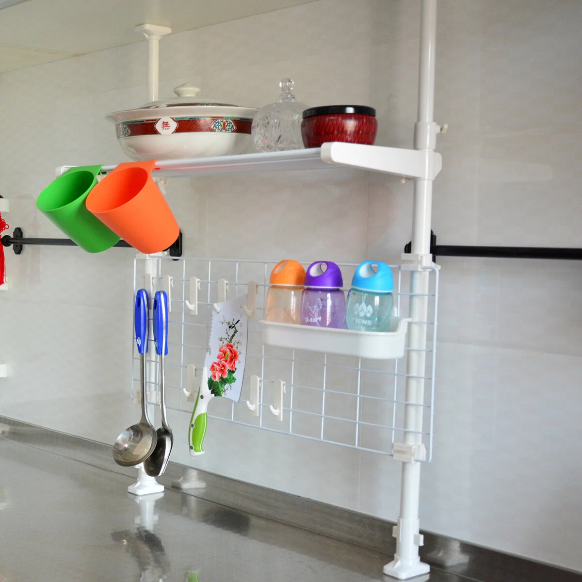 Retractable Kitchen Storage Rack with 8 Hooks - Plate & Pot Shelf for Microwave Oven - Image 4