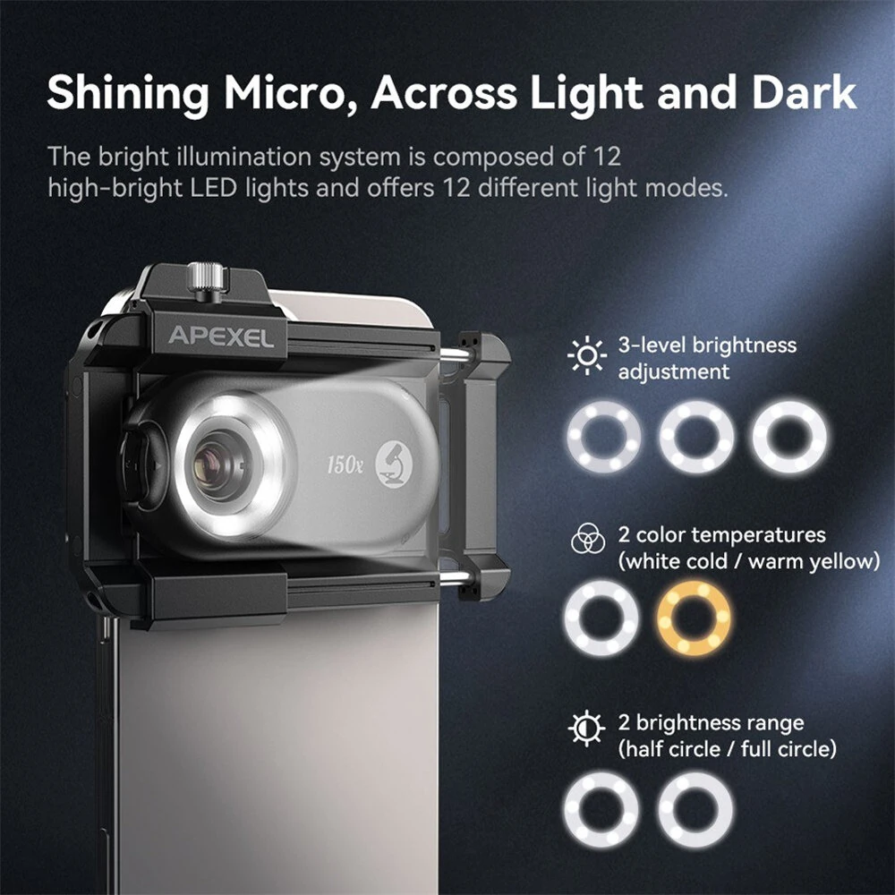 APEXEL 3-in-1 Mobile Phone Microscope Lens Kit - 100X/150X/200X Magnification | 12 LED & 6 UV Lights - Image 4