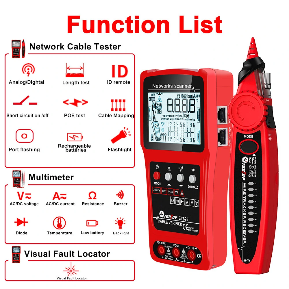 TOOLTOP 3-in-1 Network Cable Tester | Multimeter + Toner | Length & Voltage - Image 2