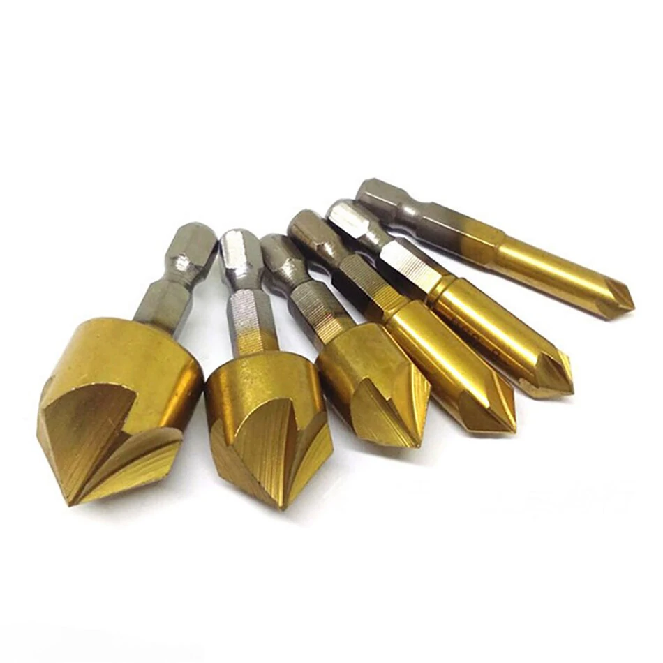 8Pcs Titanium Plated Hex Handle 5-Edge Chamfering Knife Set | Countersink Drill Bits - Image 4
