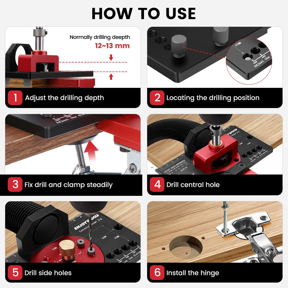 ENJOYWOOD Concealed Hinge Jig with Quick Clip & Dust Adapter | 35mm Cabinet Hinge Mounting Tool - Image 5