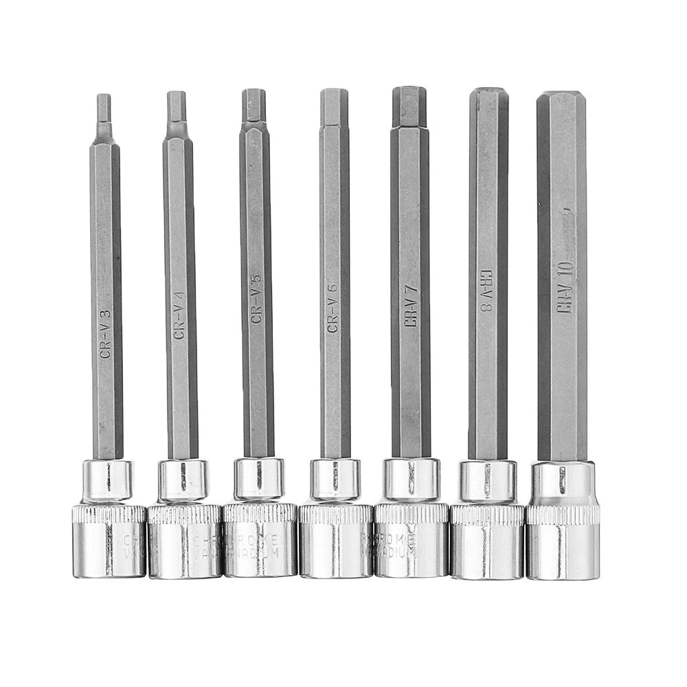 3/8 Drive Long Reach Hex Bit Socket Set - 7Pcs 3-10mm CR-V Screwdriver Head Set - Image 2