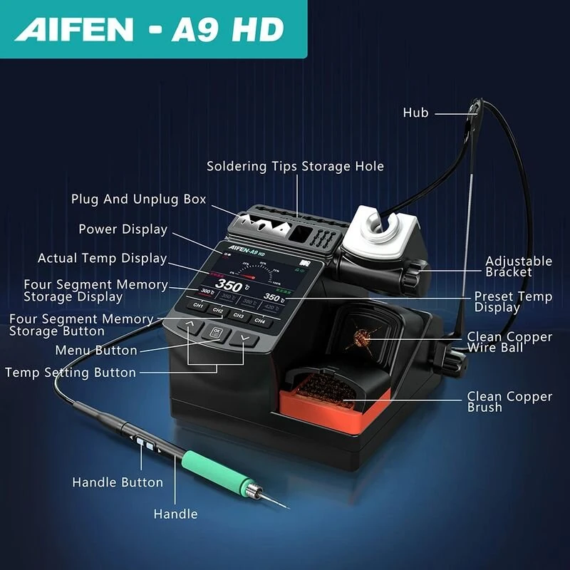 AIFEN A9HD Soldering Iron Station - 180W Intelligent Control | 2.8 Inch LCD Screen | 200°C-450°C Adjustable Temperature - Image 5
