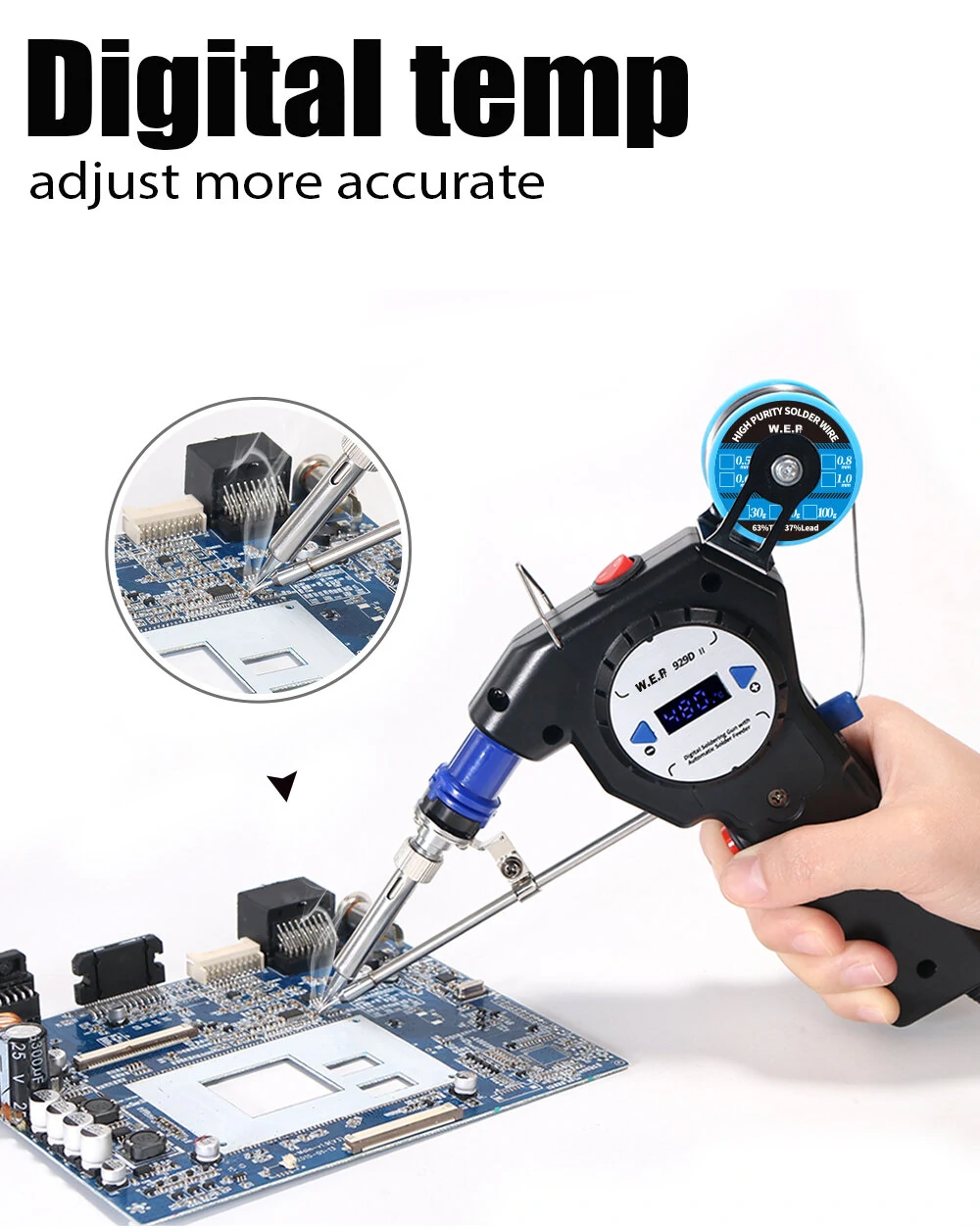 WEP 929D-II Digital Display Soldering Iron | One-Hand Operation & Auto Feed - Image 3