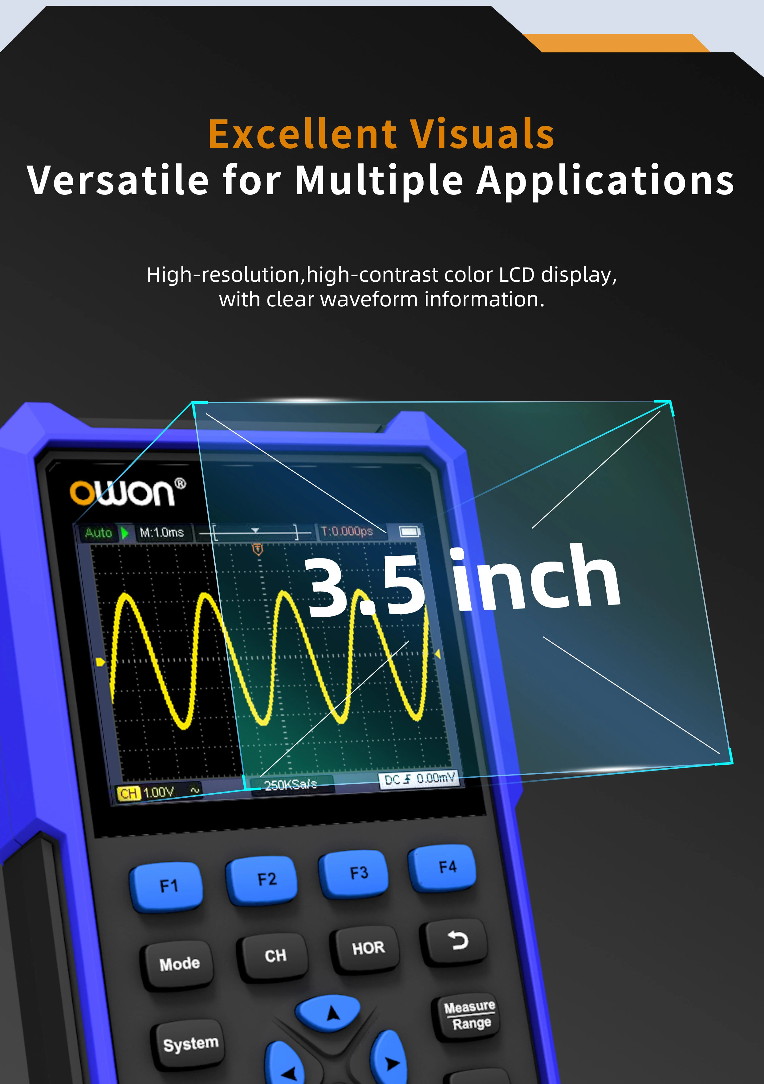 OWON HDS241 Handheld Oscilloscope 40MHz 250MSa/s | 3-in-1 with Multimeter & Waveform Generator - Image 5