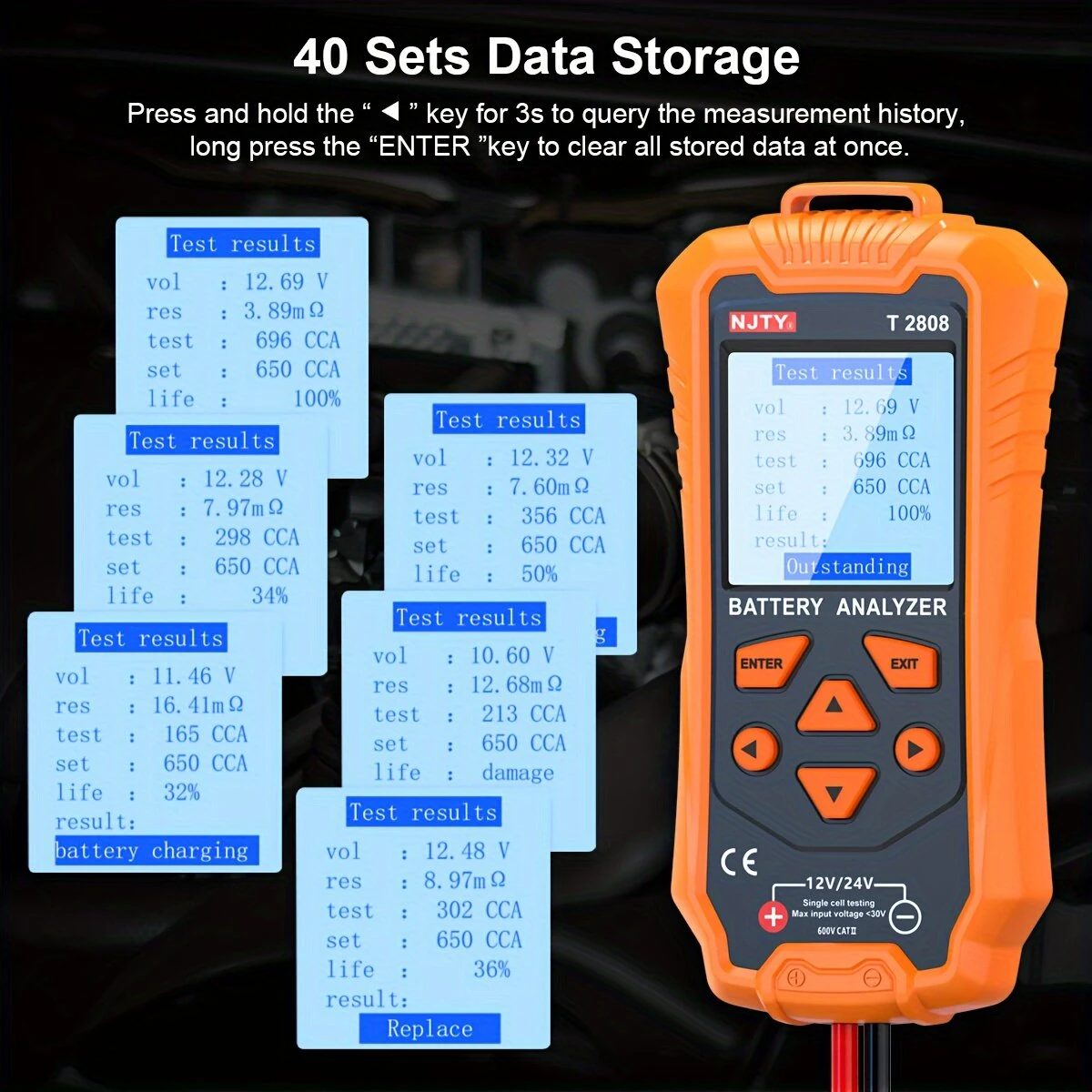 NJTY T2808 Car Battery Tester - 12V 24V Digital Analyzer for Cranking Health & Alternator | CCA Load Tester for Truck RV Marine - Image 4