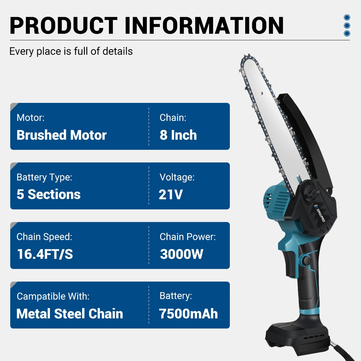 Drillpro 8 Inch Cordless Chainsaw - Brushless Motor & Auto Oiler - 18V Li-ion 7500mAh - Image 2