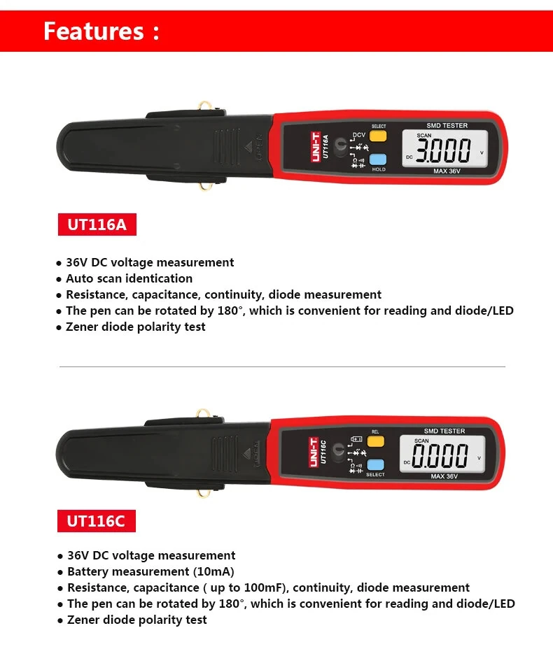 UNI-T UT116A SMD Tester - Rotatable Tweezer Multimeter | 3000 Counts - Image 4