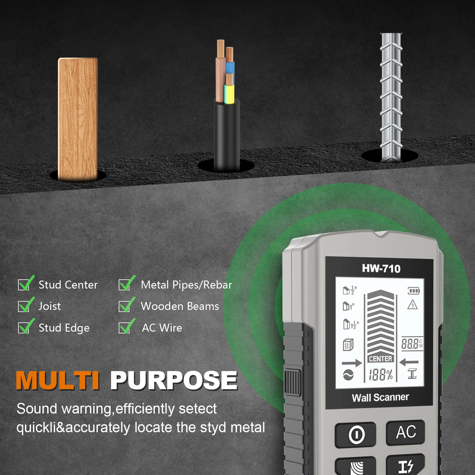 HW-710 6-in-1 Wall Scanner Stud Finder | LCD Display, Detects Metal & AC Wires - Image 3