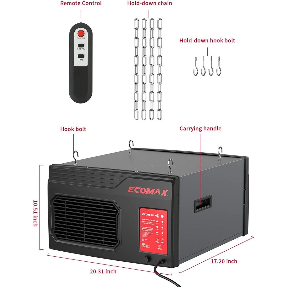 Ecomax MCF03 Air Filtration System | 3-Speed Hanging Dust Collector for Woodworking Shop - Image 3