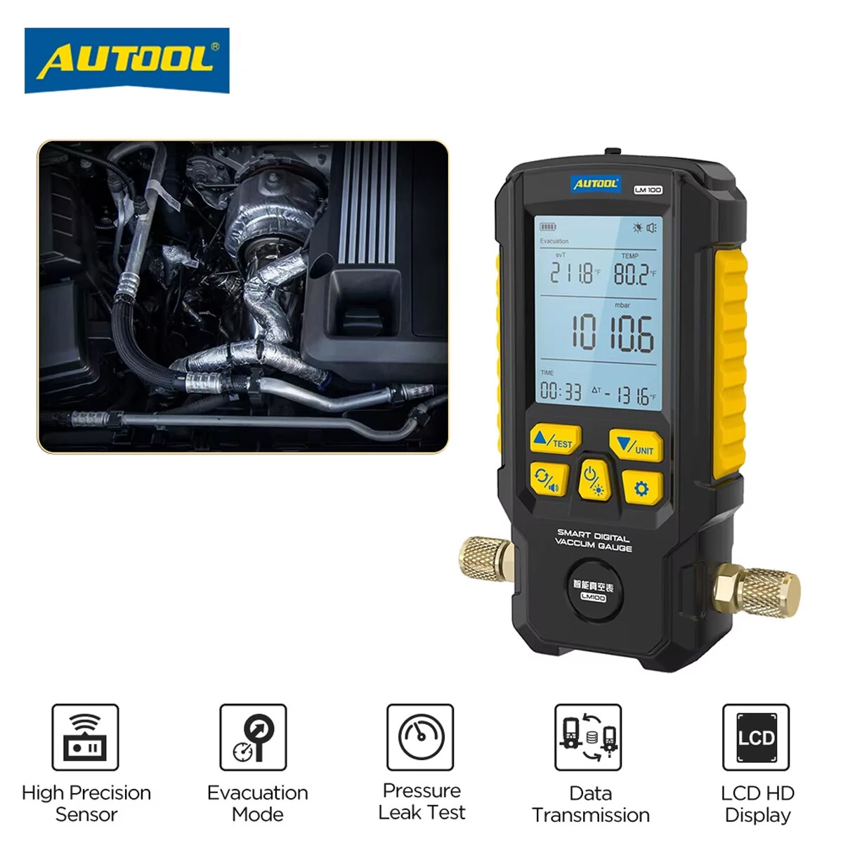 AUTOOL LM100 Digital Manifold Gauge | High Precision AC Leak Tester | Vacuum Pressure Test Tool - Image 3