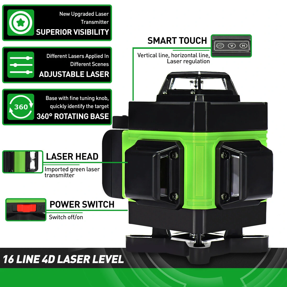 Green Light Laser Level - 4D 360 Self-Leveling with 16 Line LED Display - Image 4