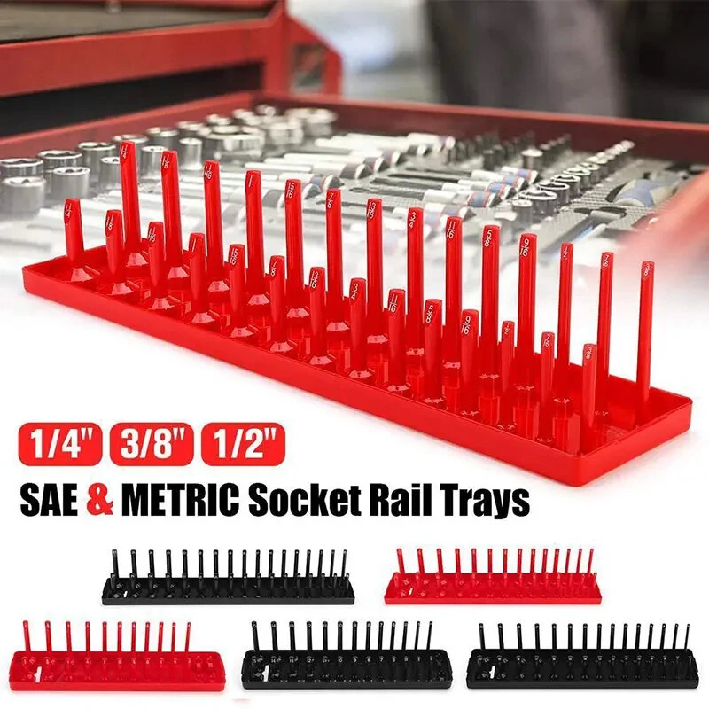 3-PCS Plastic Socket Organizer Tray Set - 1/4 3/8 1/2 Inch Metric/Imperial - Red/Black - Image 4