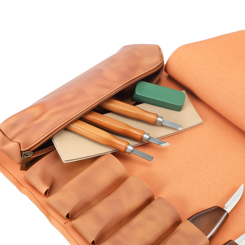Carving Knife Set 12PCS - Wood Handle Carbon Steel Blades with Leather Roll & Sharpening Kit - Image 4