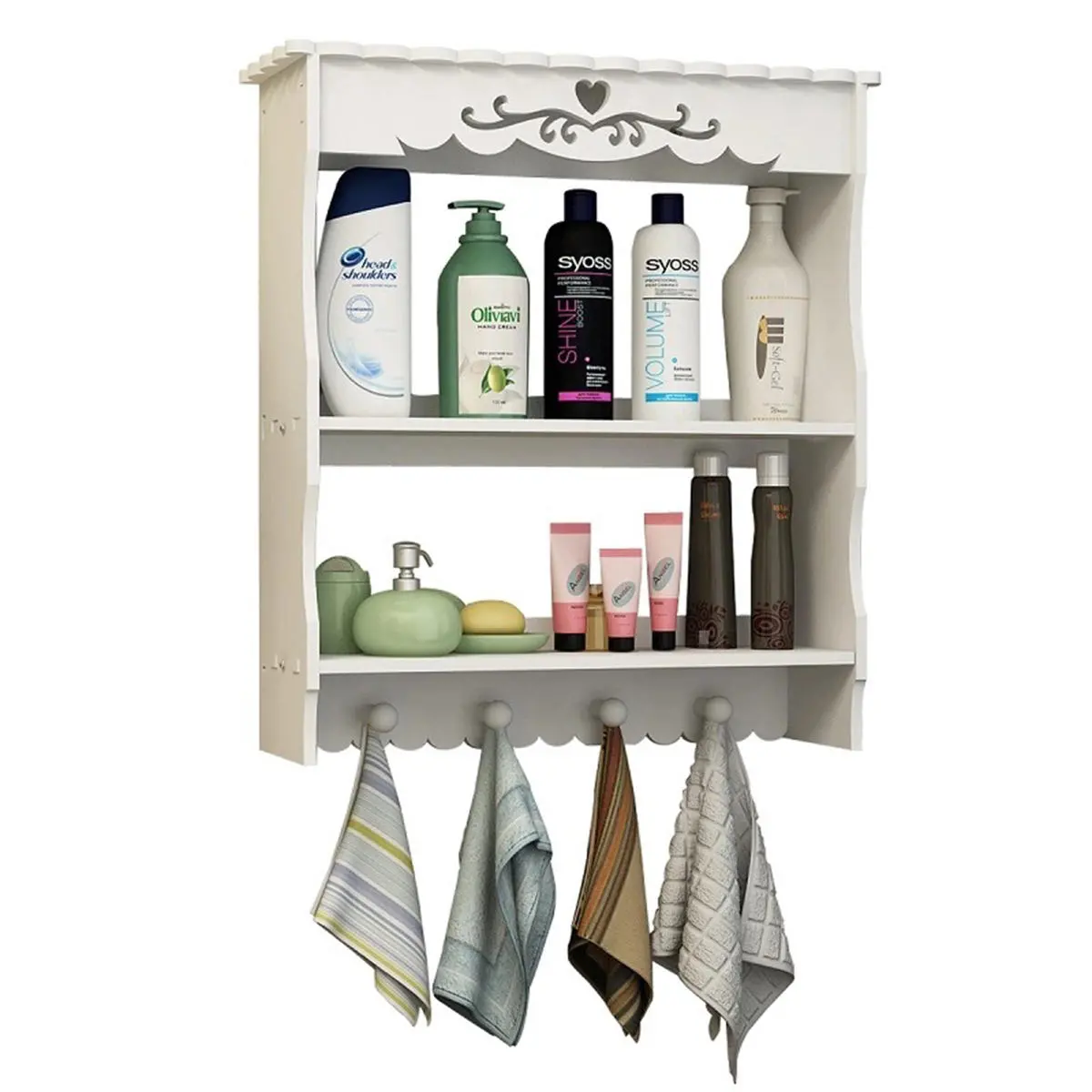 2-Tier Wall-Mounted Bathroom Shelf with Towel Hooks | Storage Organizer Rack - Image 2