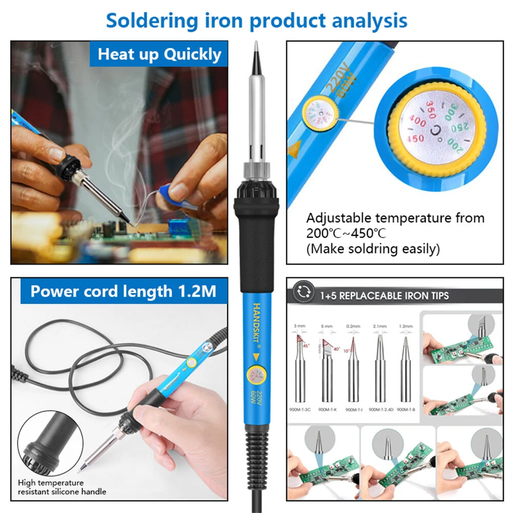HANDSKIT 60W Adjustable Temperature Electric Soldering Iron Kit - 5 Tips & Tweezers - Image 5