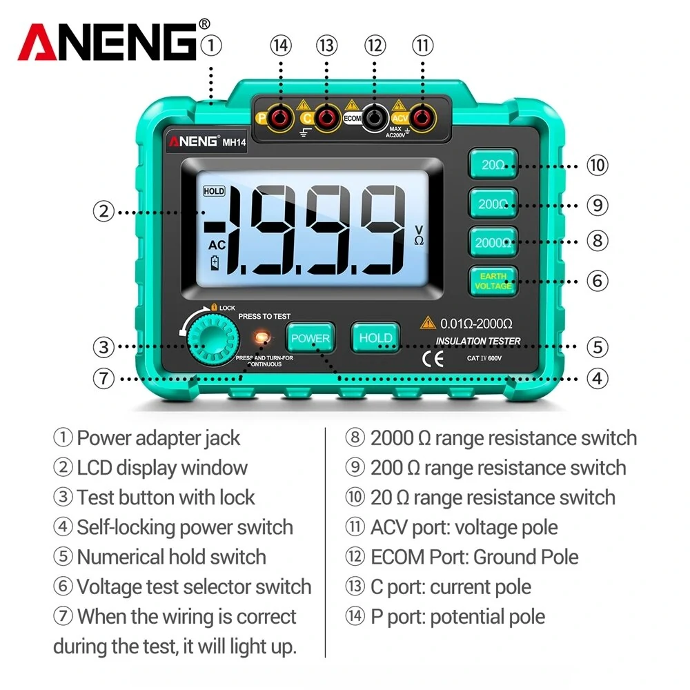 ANENG MH14 Megohmmeter - Green - 1999 Counts Ground Resistance Tester - Image 4
