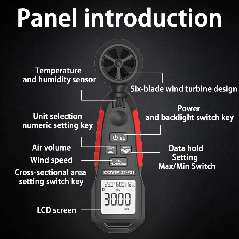 ZOYI ZT-FS1 Anemometer - Wind Speed, Temperature, Humidity Meter | 0.4-30m/s | LCD Display - Image 5