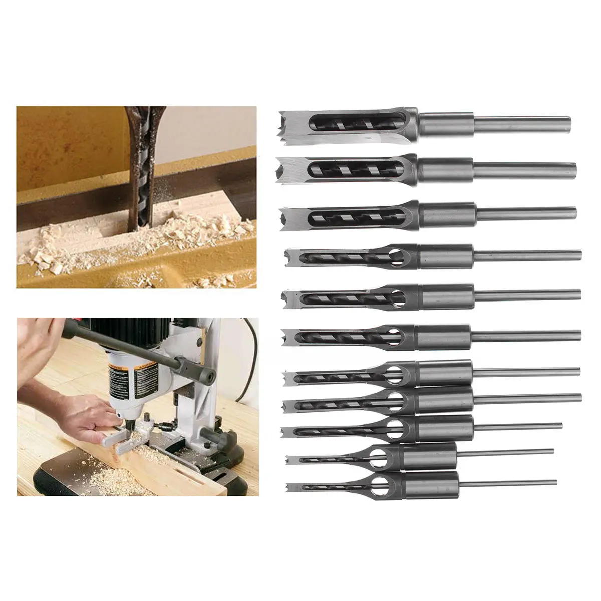 Woodworking Drill Bit Square Hole Chisel Mortising Kit - 11pcs 6-19mm Tenon Tool - Image 2
