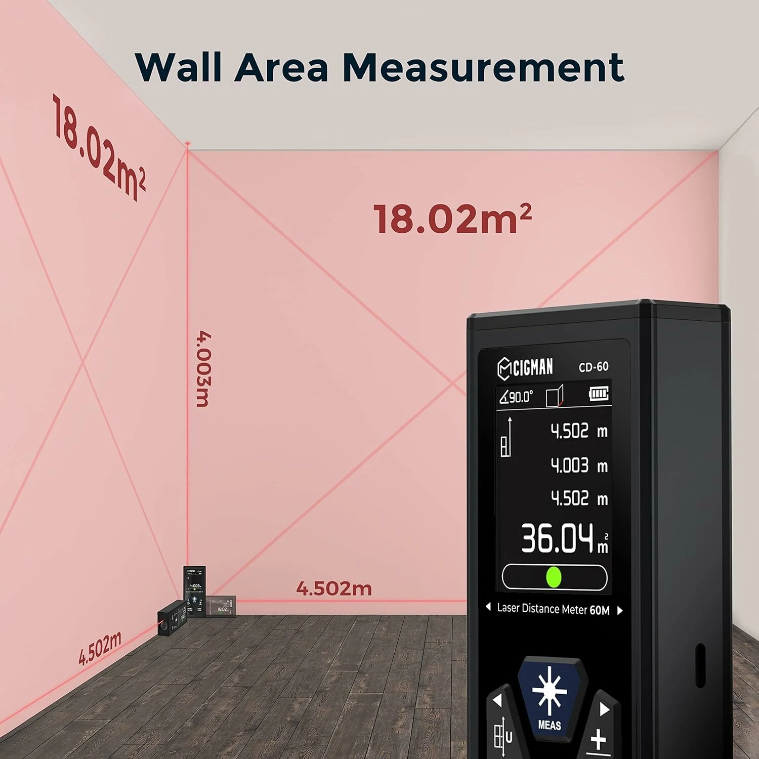 CIGMAN CD-60 Laser Distance Meter - 393ft High Precision - Rechargeable with LCD Display - Image 2