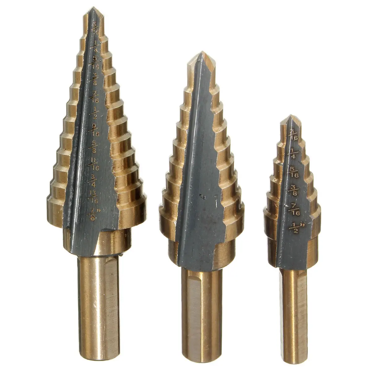 HSS Nitrogen Step Drill Bit Set - 3 Piece Set | 3/16-1/2, 1/4-3/4, 3/16-7/8 - Image 2