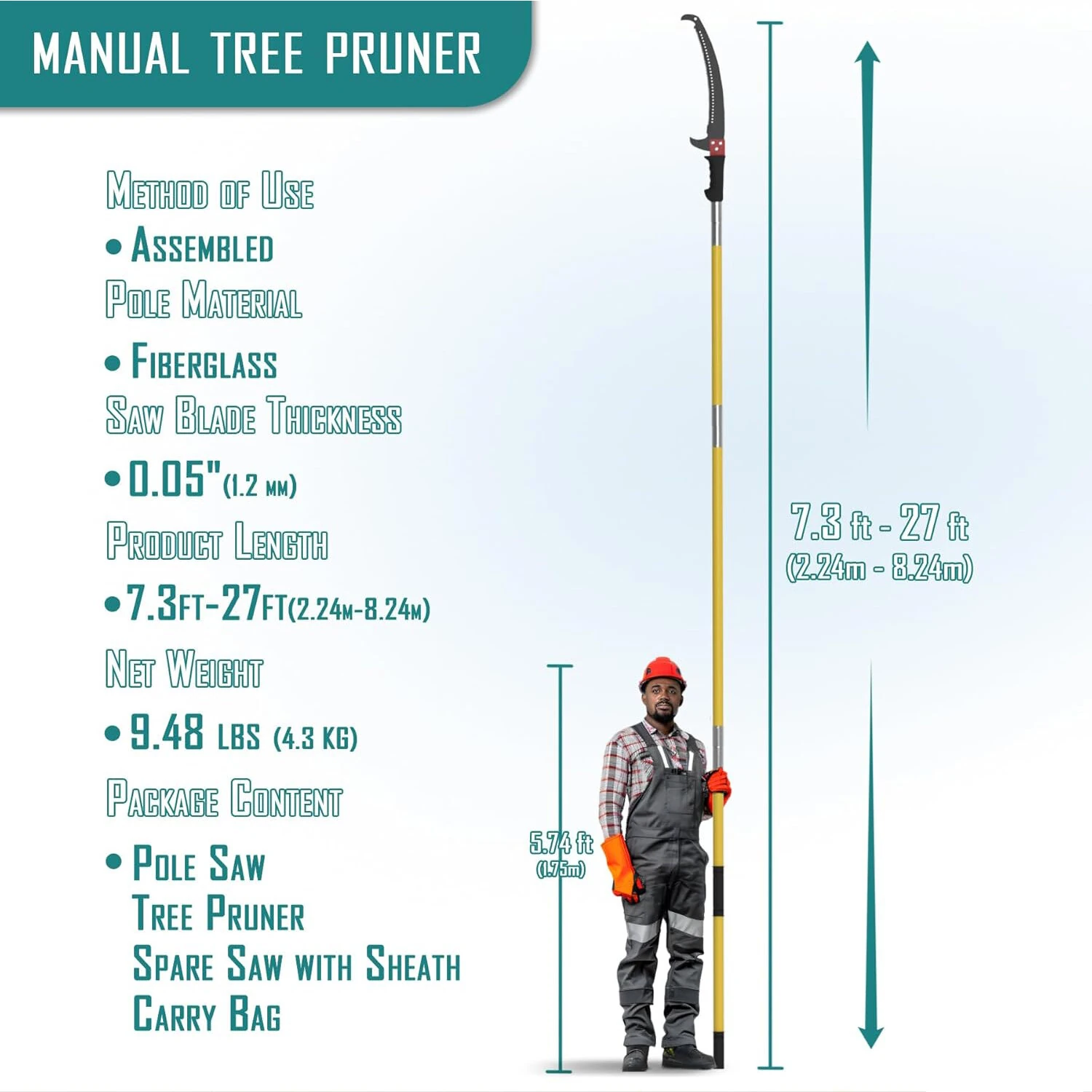 Extendable Tree Pruner | 7.3-27 ft Fiberglass Pole Saw | Alloy Steel Blade & Carry Bag - Image 2