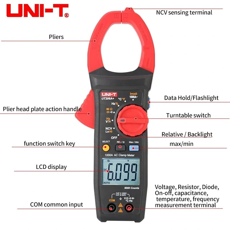UNI-T UT206A+ Digital Clamp Meter - 1000A AC DC Current & 1000V Voltage Tester - Image 5