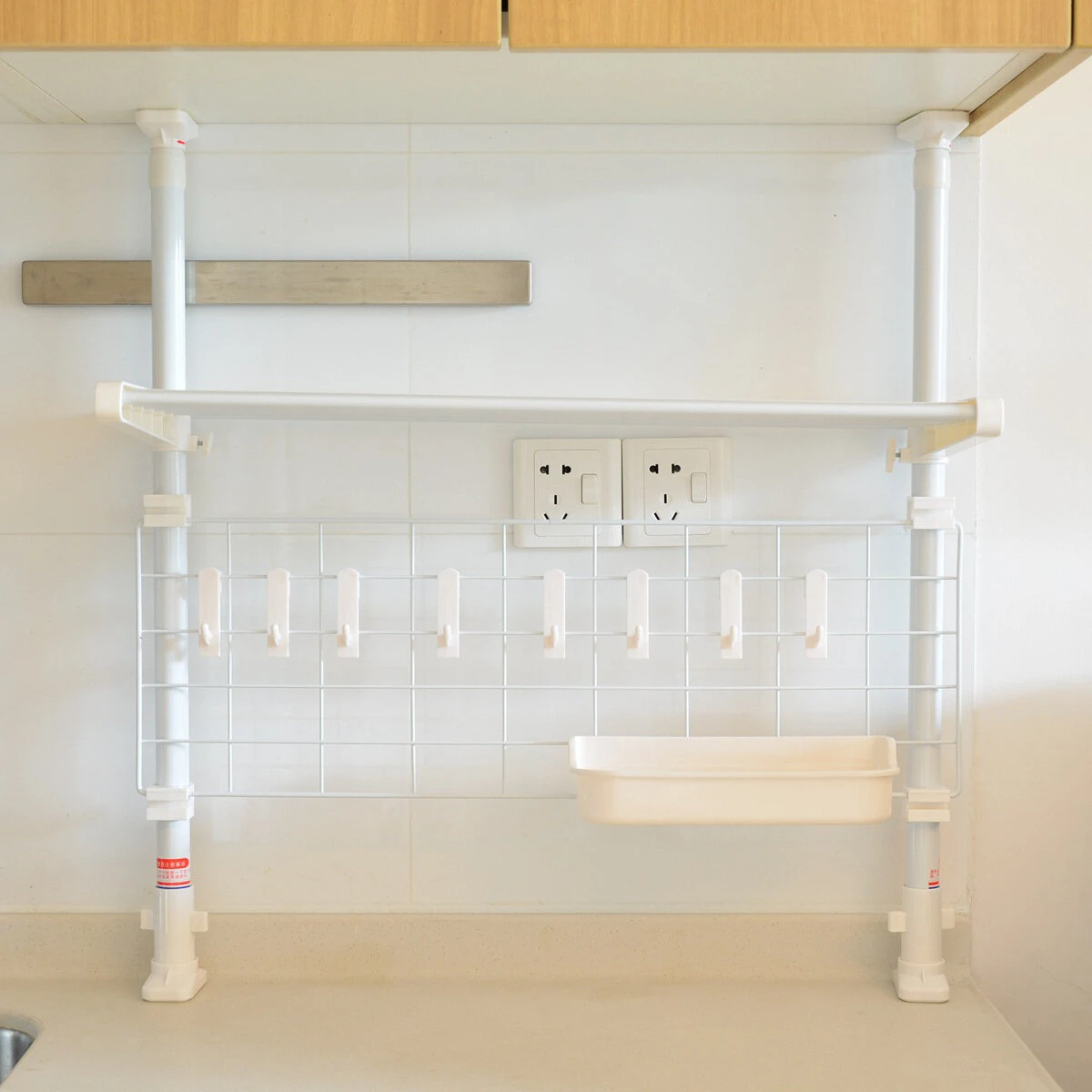 Retractable Kitchen Storage Rack with 8 Hooks - Plate & Pot Shelf for Microwave Oven - Image 3