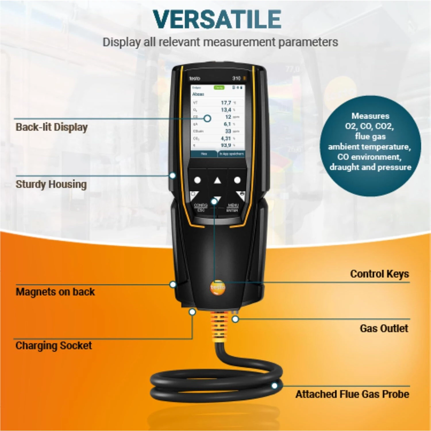 Testo 310 II Combustion Analyzer | Flue Gas, Temperature & Pressure Tester | HVAC Gas Leak Detector with Smart App - Image 4