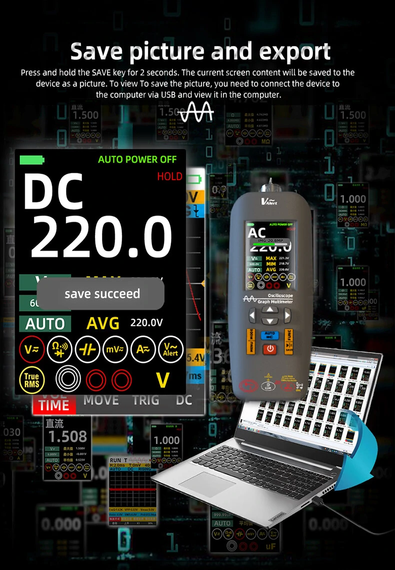 BSIDE O1X Digital Handheld Oscilloscope Multimeter - 10MHz Bandwidth | 48MSa/s | Color Display | Rechargeable - Image 3