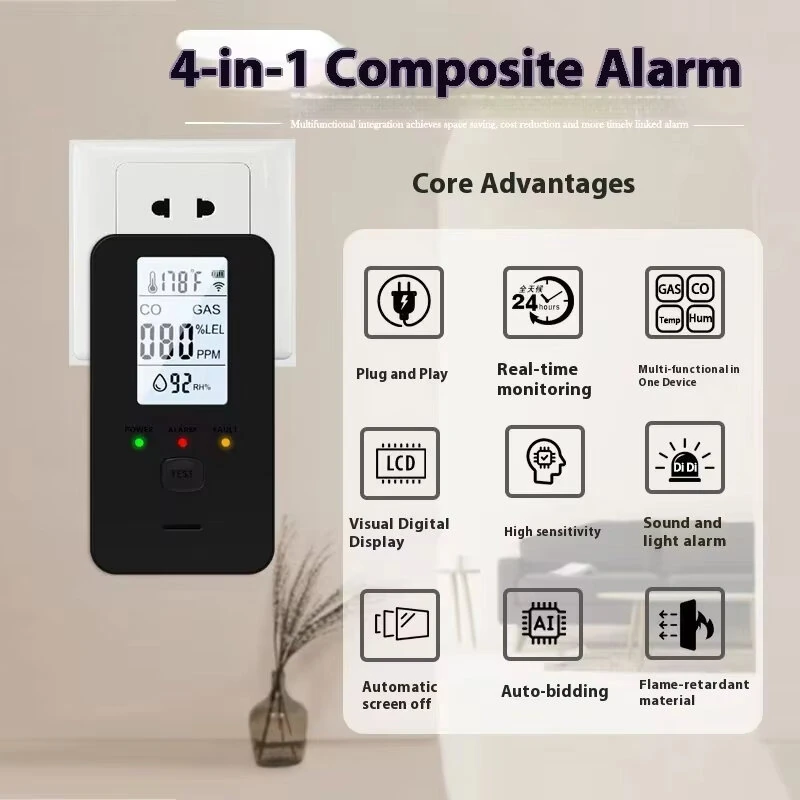 Gas Alarm - 4-in-1 Monitor for Methane, CO, Temp & Humidity | High Decibel Warning & LCD Display - Image 2