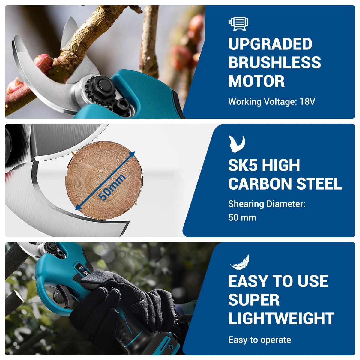 Drillpro 18V Cordless Electric Pruner - Brushless Motor | 50mm Cutting Diameter - Image 4