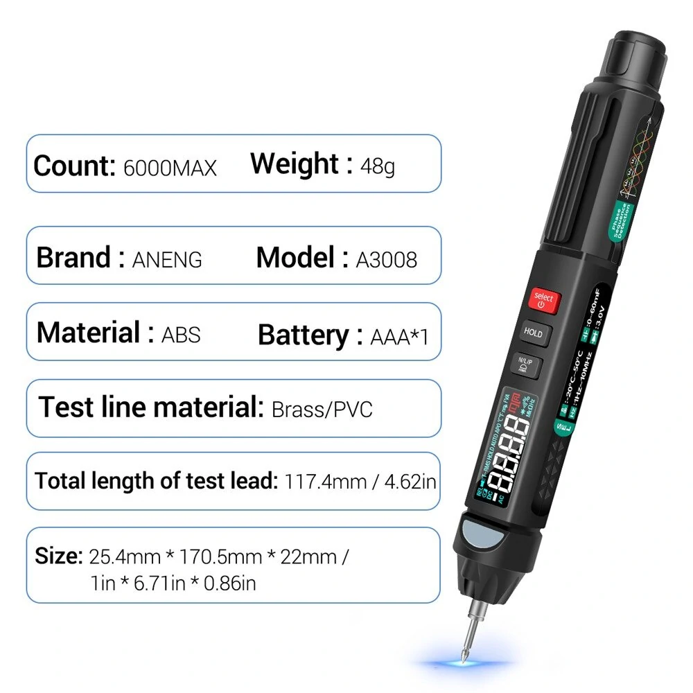 ANENG A3008 Digital Multimeter | 6000 Counts Auto Sensor Pen Tester & NCV Meter - Image 3