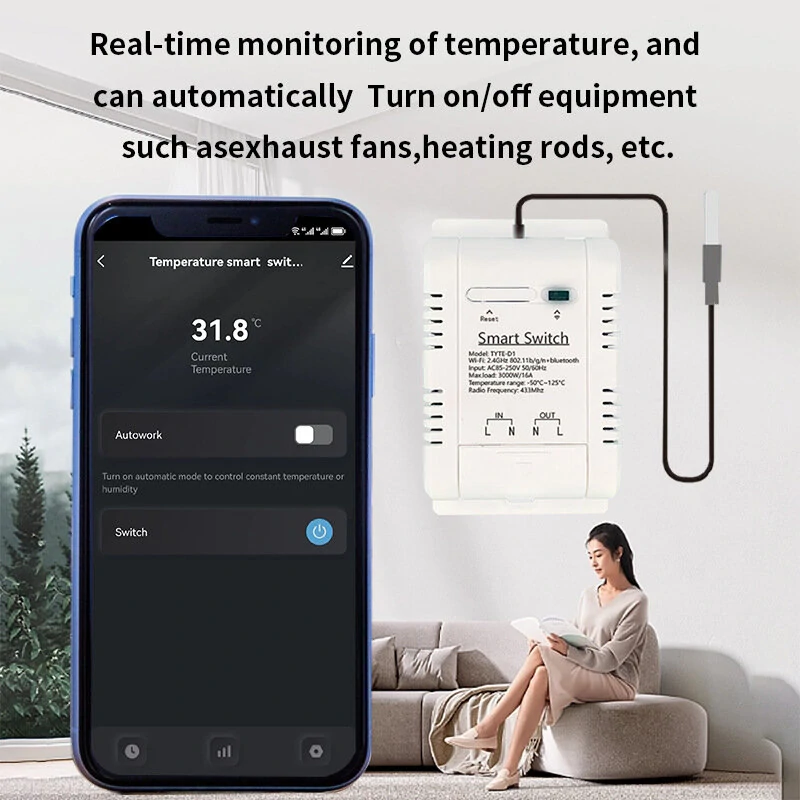 TYTHE-D1 Smart WiFi Switch - 20A Temperature Humidity Monitor | Remote Control & Real-Time Monitoring for Smart Home - Image 3