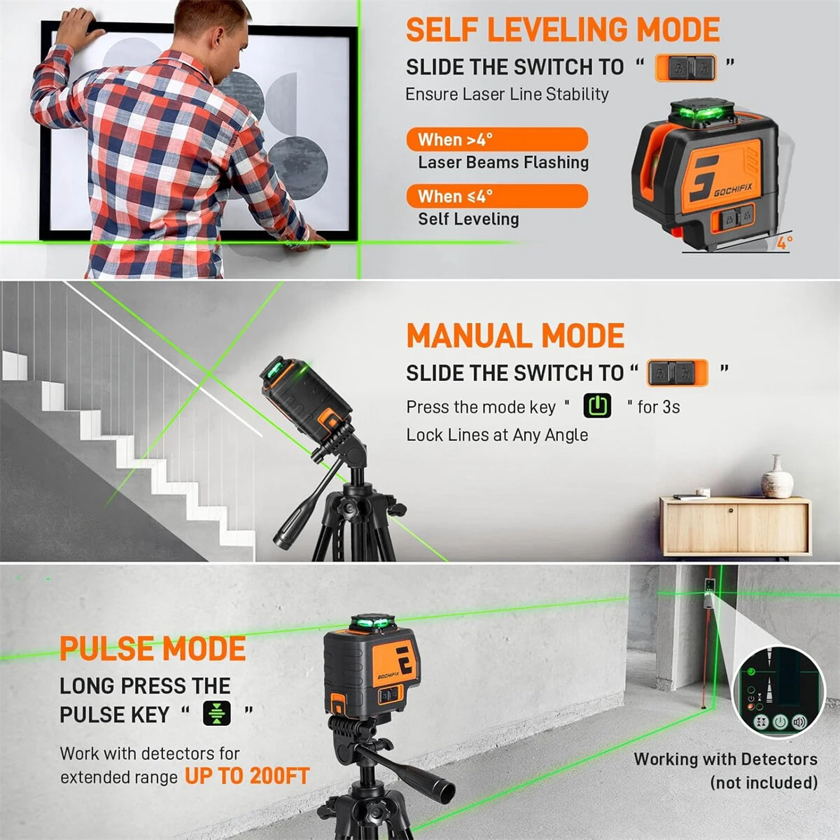 GOCHIFIX 5-Line Green Laser Level with Tripod | Self-Leveling | Floor Tile Kit - Image 4