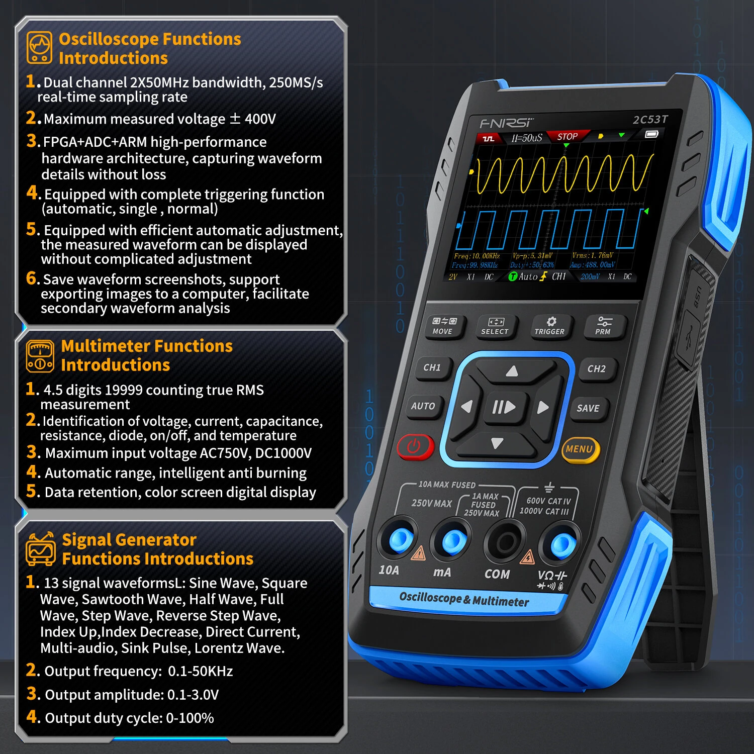 FNIRSI 2C53T 3-in-1 Oscilloscope Multimeter Signal Generator | 50MHz 250MS/s - Image 3