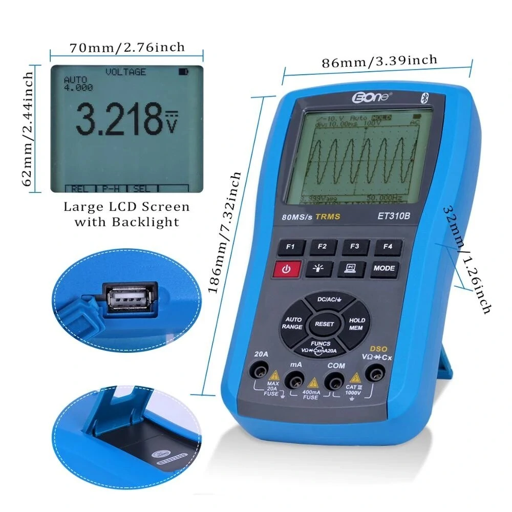 ET310B 20MHz Bluetooth Oscilloscope Multimeter | True RMS Handheld Digital - Image 3